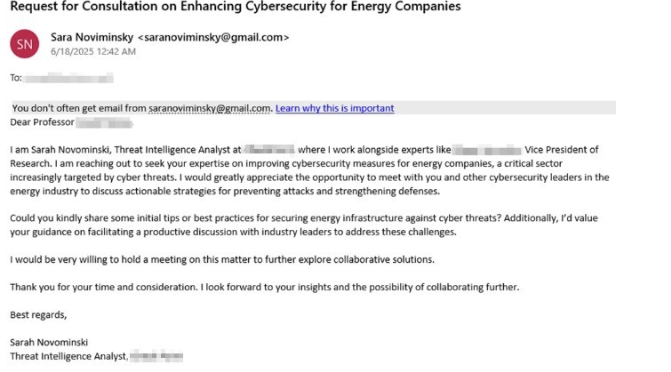 דוגמא למייל שקיבל פרופסור בכיר | באדיבות צ'ק פוינט