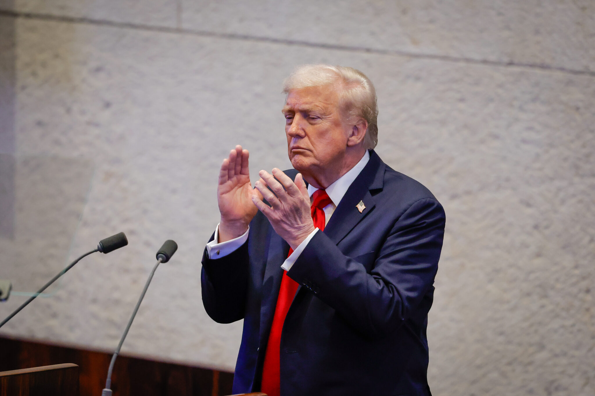 דונלד טראמפ נואם במליאת הכנסת | צילום: דוברות הכנסת, נועם מושקוביץ