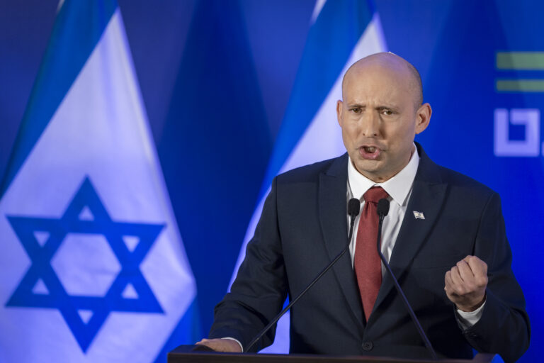 Opposition Leader and Head of the Yesh Atid party Yair Lapid and former Prime Minister Naftali Bennett speak during a press conference announcing a joint list named “Together” ahead of upcoming elections, to be led by Bennett, in Herzliya, central Israel, April 26, 2026. Photo by Chaim Goldberg/Flash90 *** Local Caption *** אירוע הרצליה יאיר לפיד נפתלי בנט יש עתיד מסיבת עיתונאים פוליטיקה ישראל פודיום מרכז הארץ תקשורת