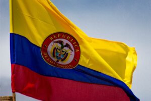 Colombia,Flag,Waving,In,A,Blue,Cloudy,Sky