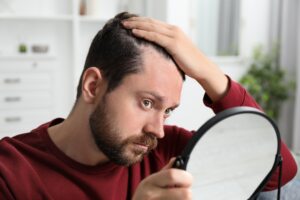 Man,With,Hair,Loss,Problem,Looking,At,Mirror,Indoors